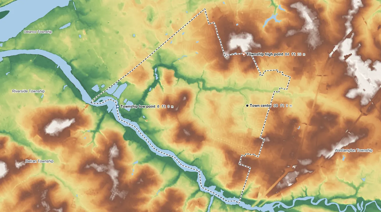 Topographic elevation map of Willingboro Township, New Jersey, shaded from 0 ft on the west side to 84 ft on the north side