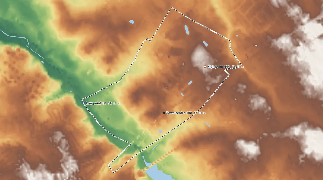 Topographic elevation map of Windsor, New Jersey, shaded from 68 ft on the west side to 120 ft on the northeast side