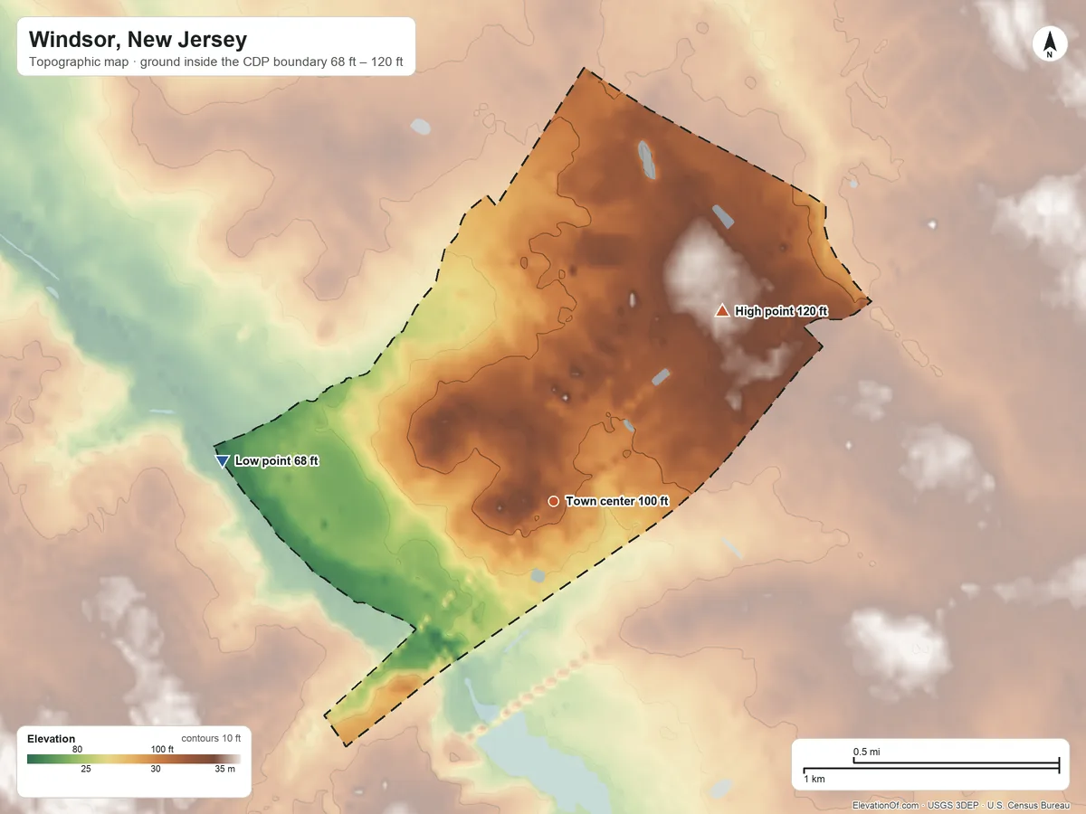 Topographic elevation map of Windsor, New Jersey, shaded from 68 ft on the west side to 120 ft on the northeast side
