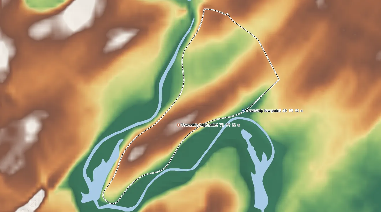 Topographic elevation map of Winfield Township, New Jersey, shaded from 40 ft on the southeast side to 71 ft on the southwest side