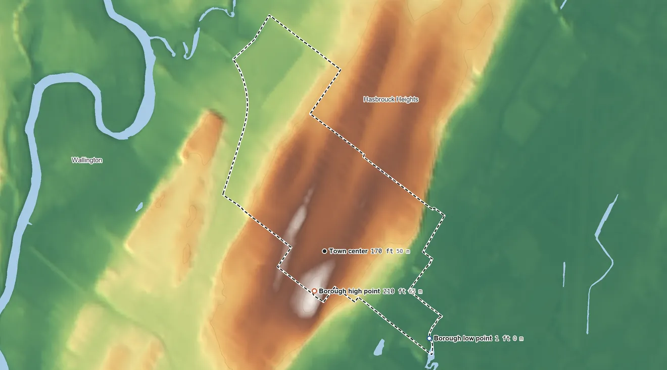Topographic elevation map of Wood-Ridge, New Jersey, shaded from 1 ft on the southeast side to 210 ft on the south side