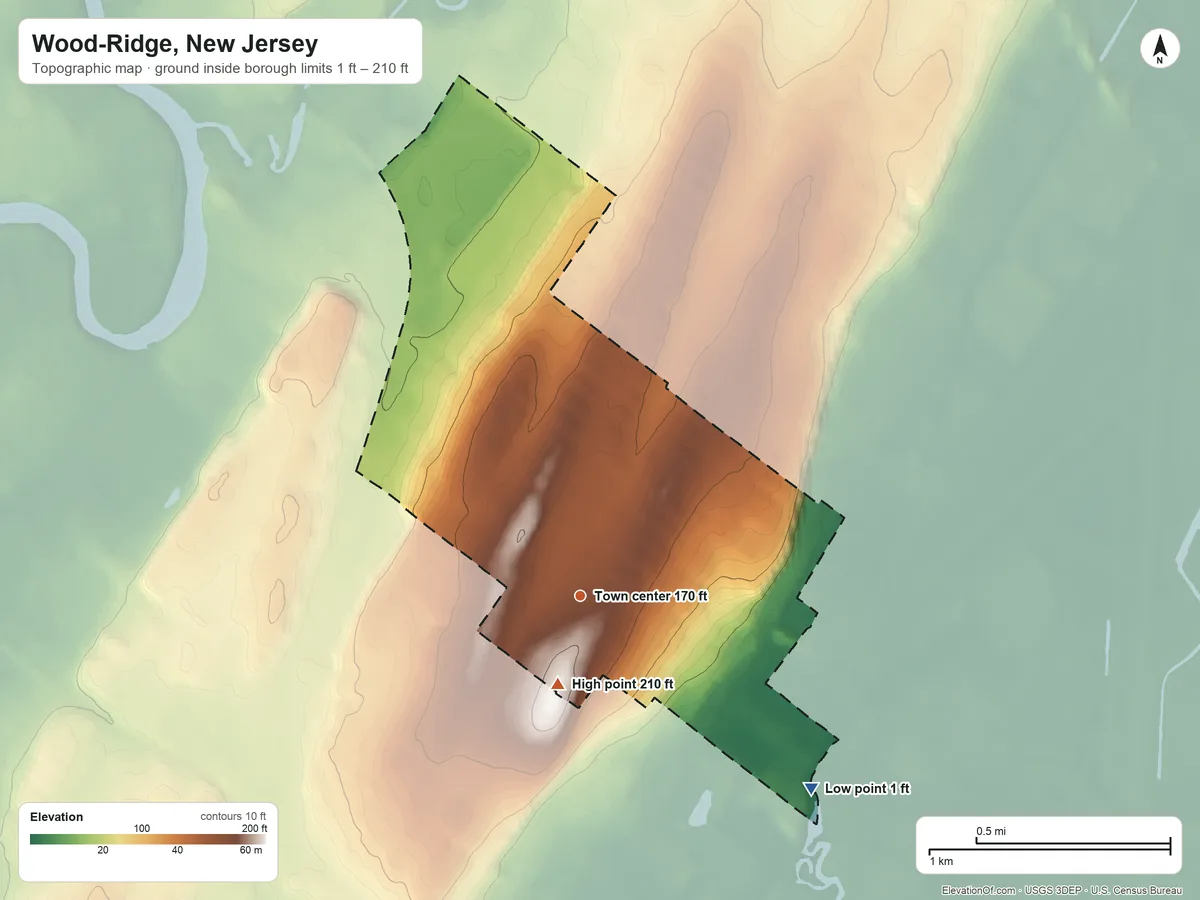 Topographic elevation map of Wood-Ridge, New Jersey, shaded from 1 ft on the southeast side to 210 ft on the south side
