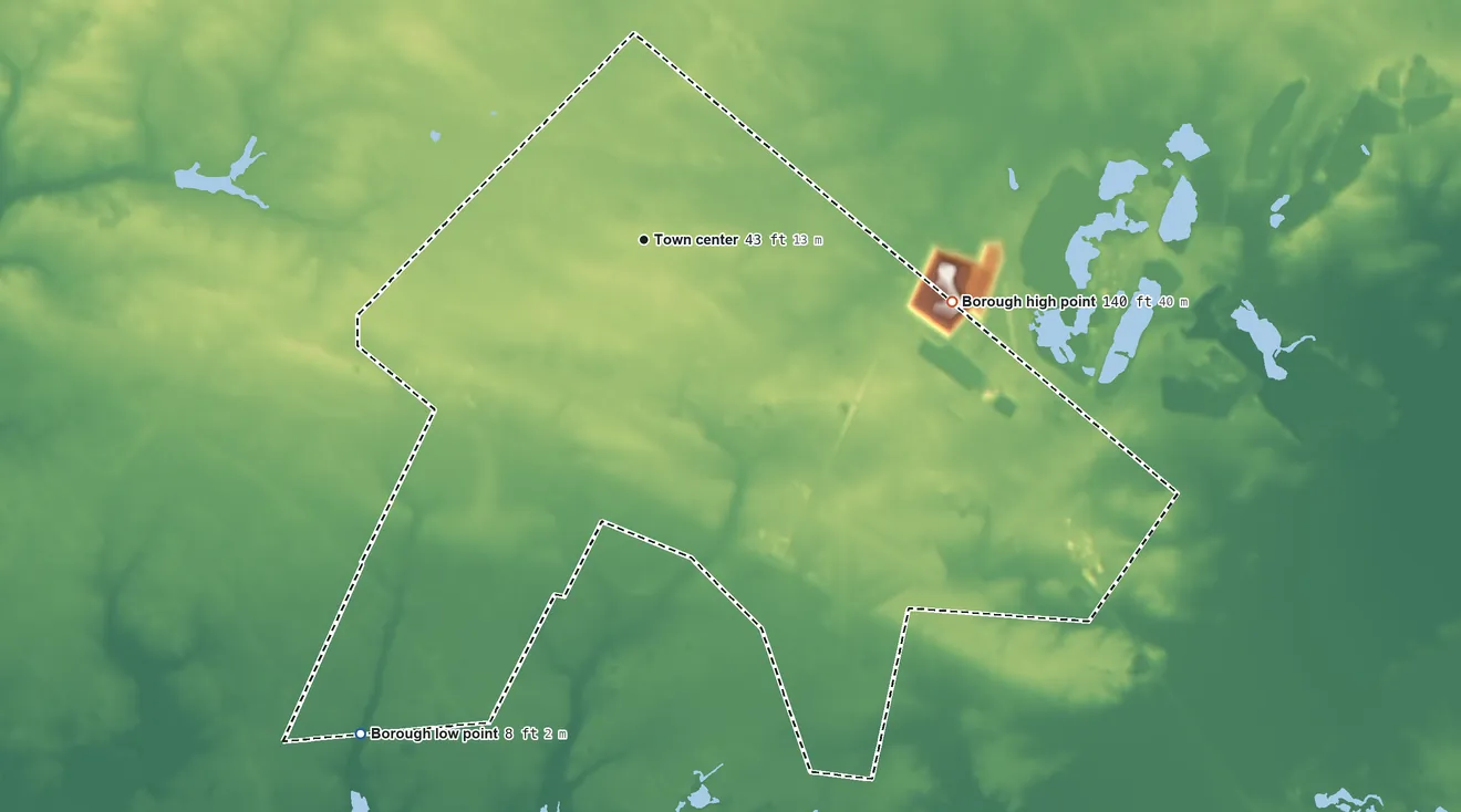 Topographic elevation map of Woodbine, New Jersey, shaded from 8 ft on the southwest side to 140 ft on the east side