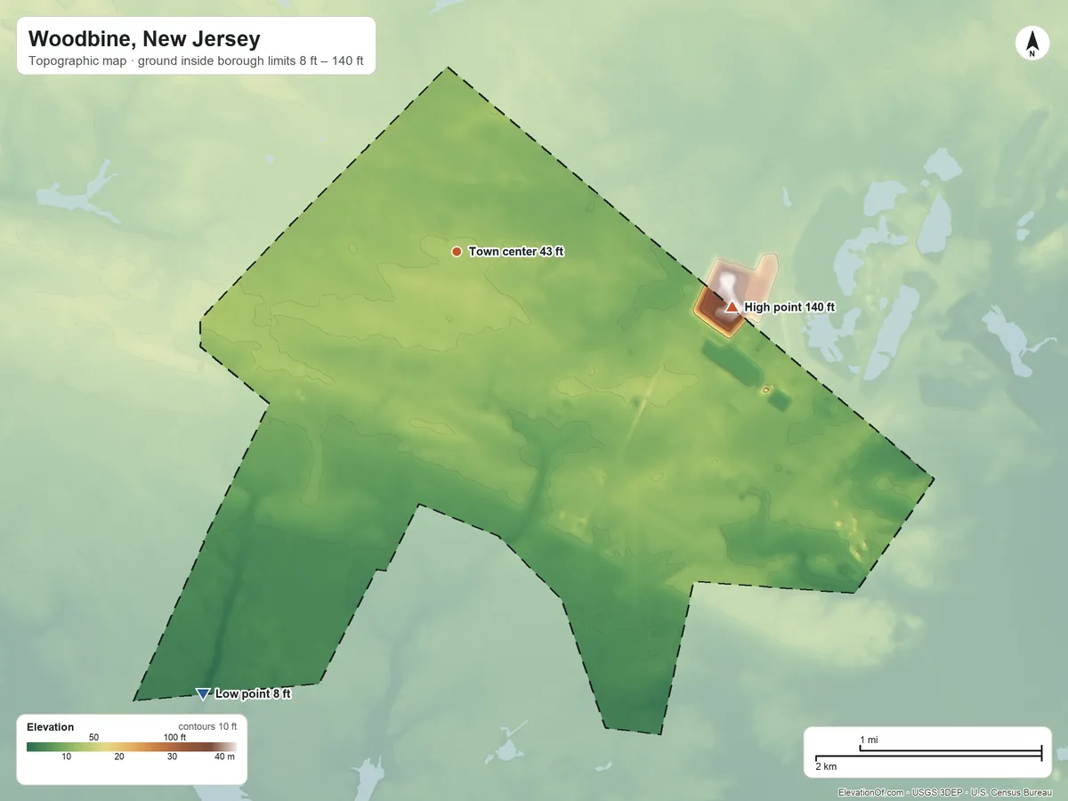 Topographic elevation map of Woodbine, New Jersey, shaded from 8 ft on the southwest side to 140 ft on the east side