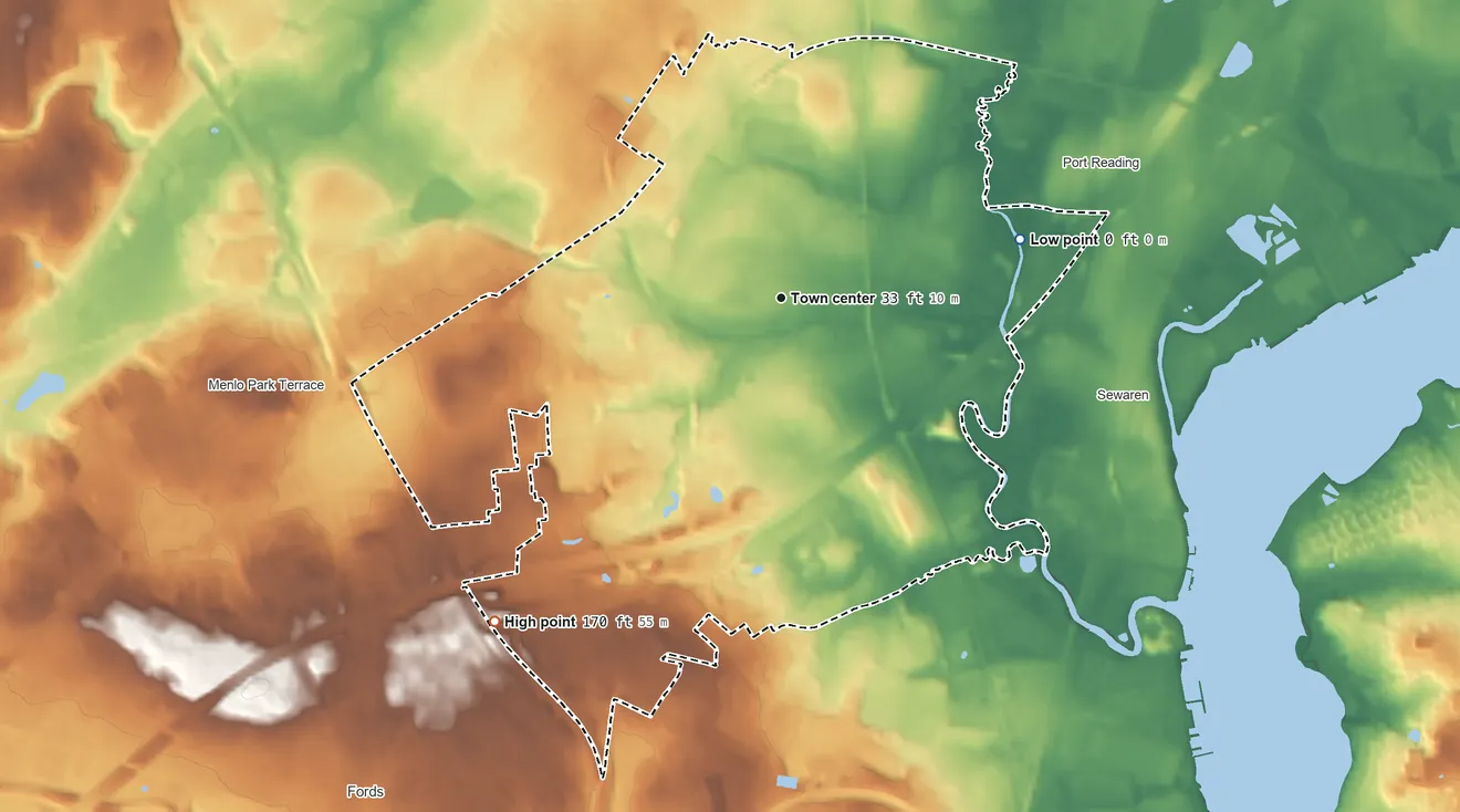 Topographic elevation map of Woodbridge, New Jersey, shaded from 0 ft on the east side to 170 ft on the southwest side