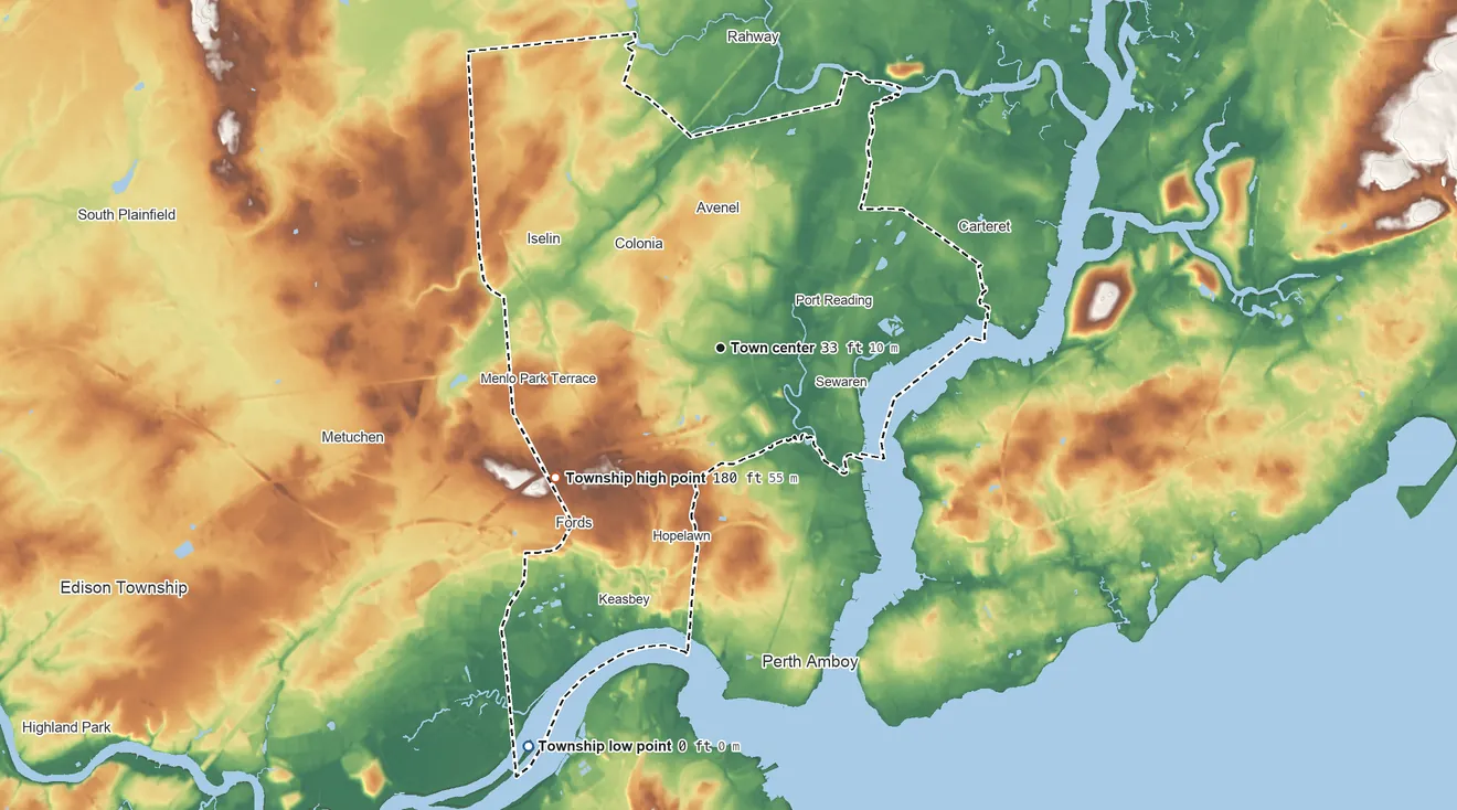Topographic elevation map of Woodbridge Township, New Jersey, shaded from 0 ft on the southwest side to 180 ft on the southwest side