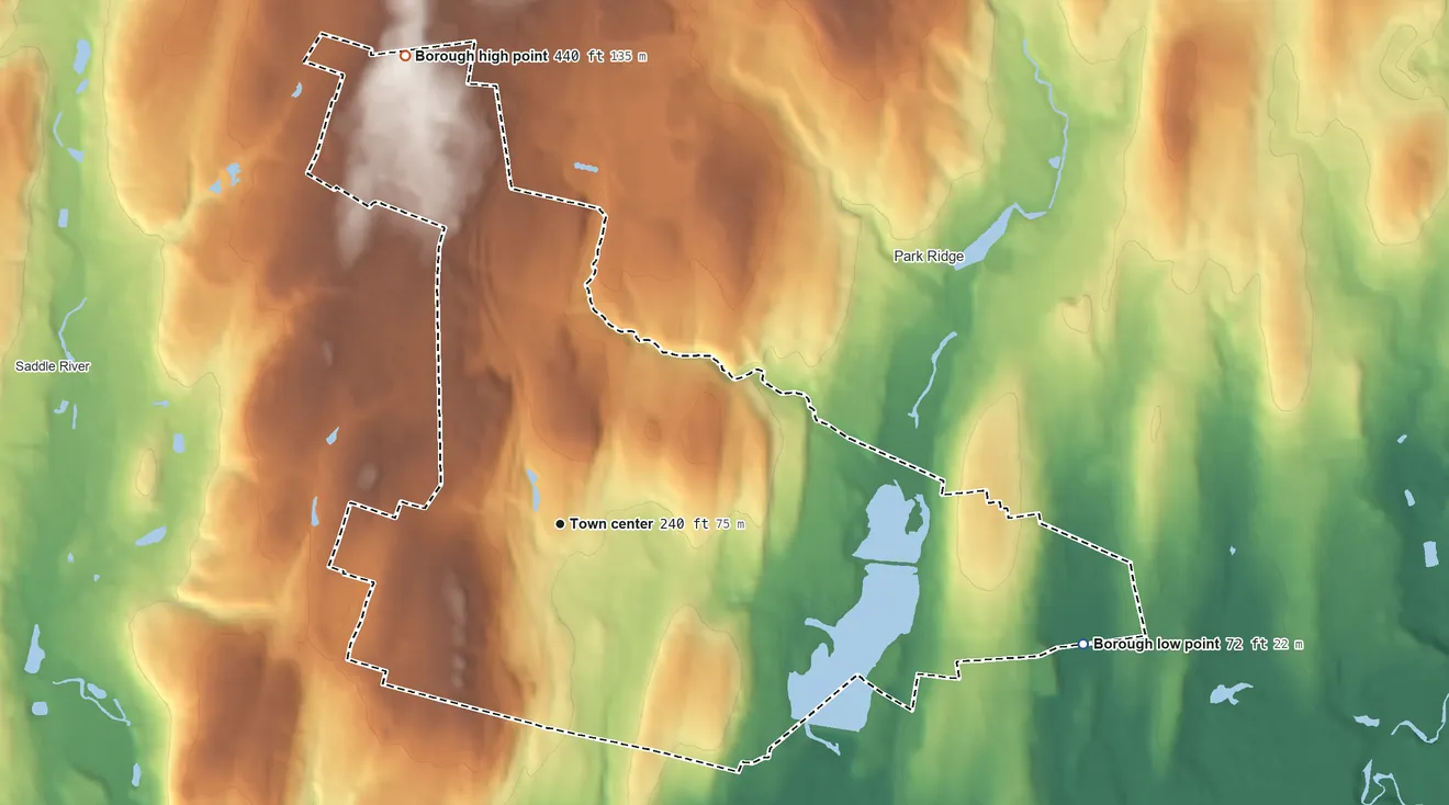 Topographic elevation map of Woodcliff Lake, New Jersey, shaded from 72 ft on the east side to 440 ft on the north side