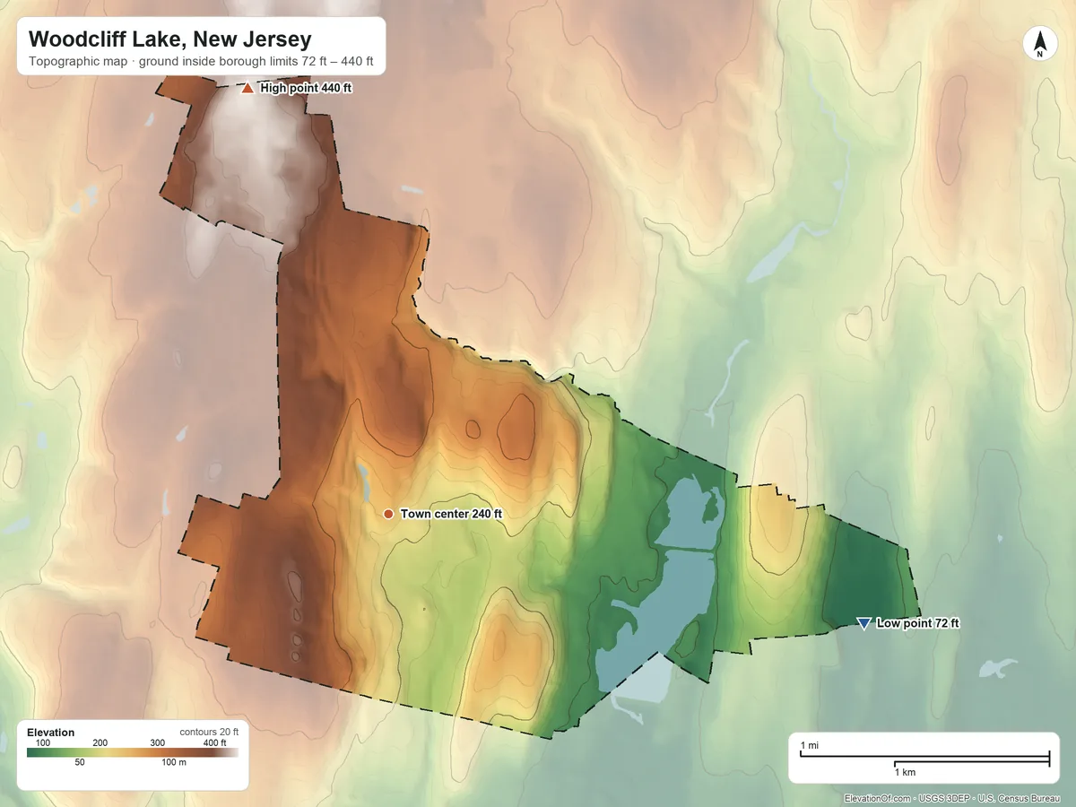 Topographic elevation map of Woodcliff Lake, New Jersey, shaded from 72 ft on the east side to 440 ft on the north side