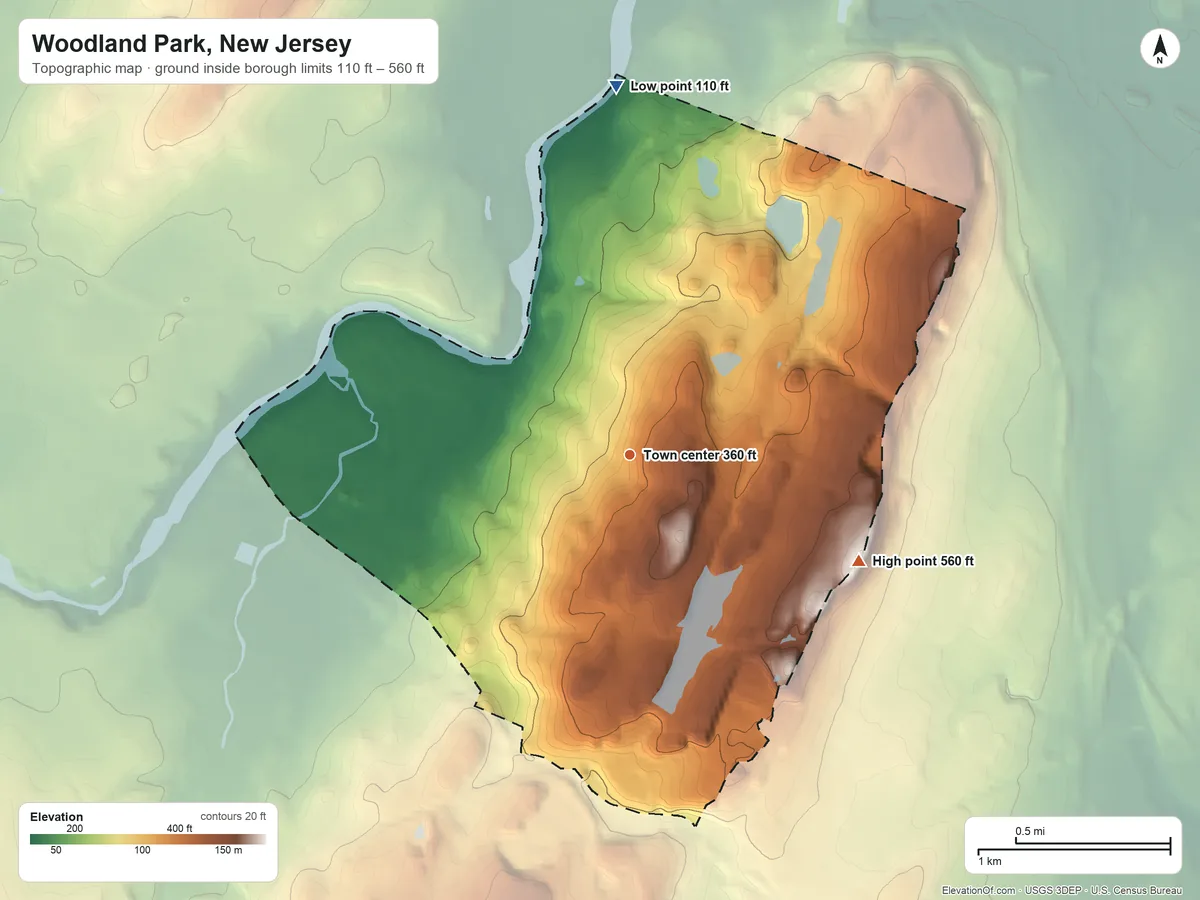 Topographic elevation map of Woodland Park, New Jersey, shaded from 110 ft on the north side to 560 ft on the southeast side