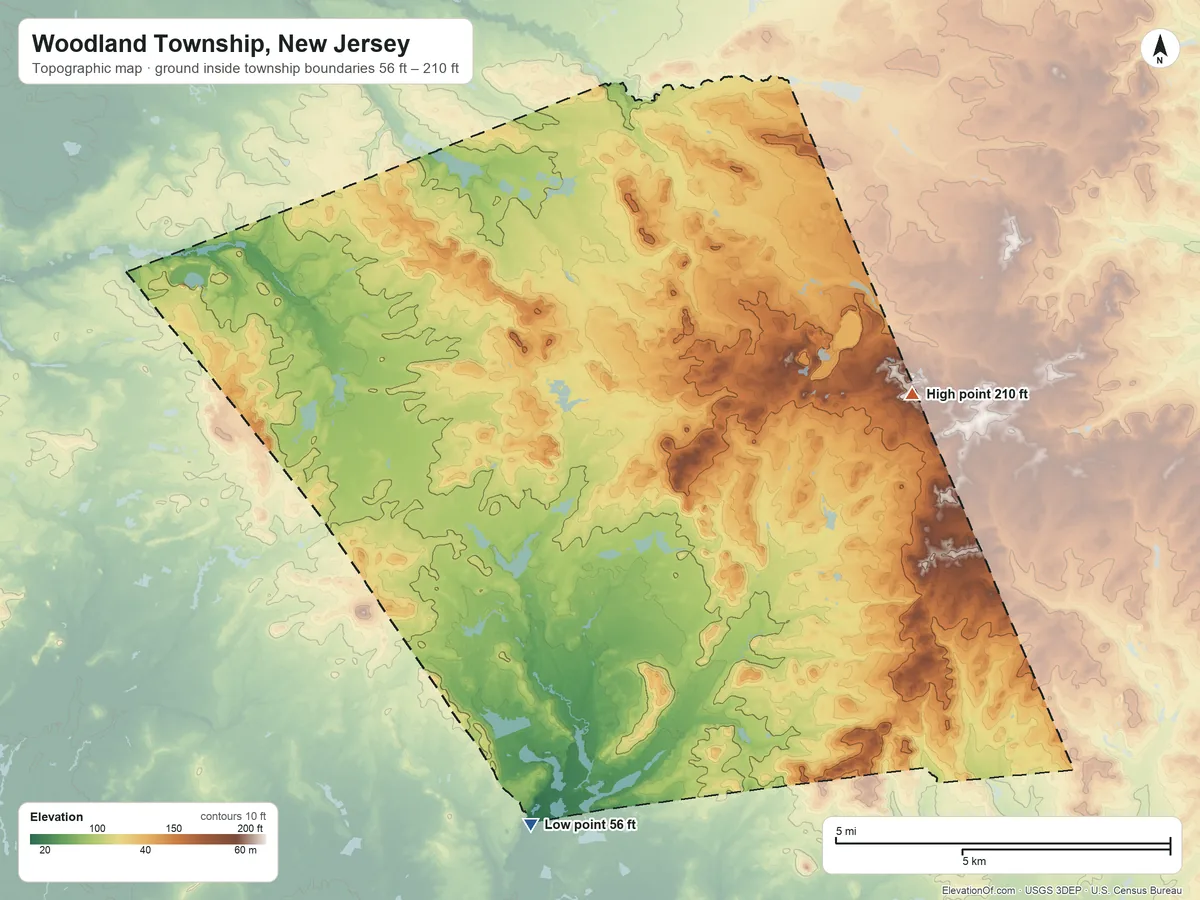 Topographic elevation map of Woodland Township, New Jersey, shaded from 56 ft on the south side to 210 ft on the east side