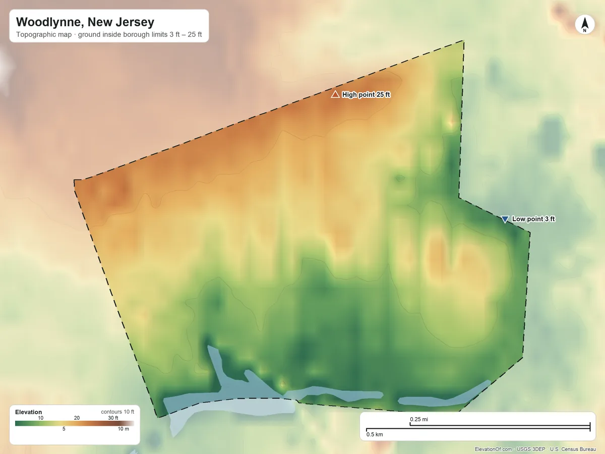 Topographic elevation map of Woodlynne, New Jersey, shaded from 3 ft on the east side to 25 ft on the north side