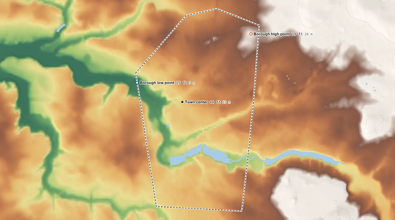 Topographic elevation map of Woodstown, New Jersey, shaded from 15 ft on the northwest side to 79 ft on the northeast side