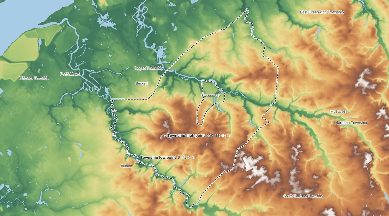 Topographic elevation map of Woolwich Township, New Jersey, shaded from 0 ft on the southwest side to 150 ft on the southwest side