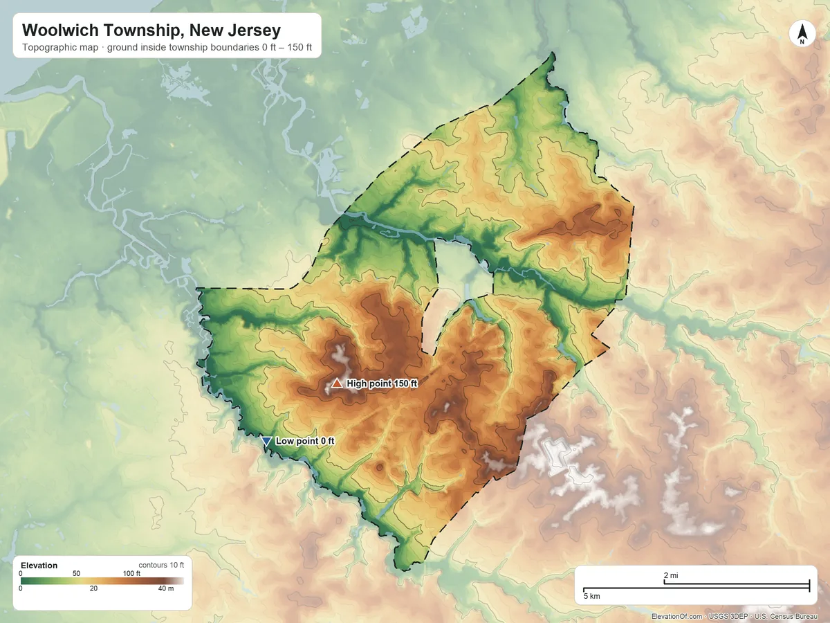 Topographic elevation map of Woolwich Township, New Jersey, shaded from 0 ft on the southwest side to 150 ft on the southwest side