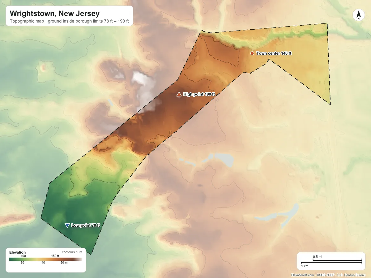 Topographic elevation map of Wrightstown, New Jersey, shaded from 78 ft on the southwest side to 190 ft on the southwest side