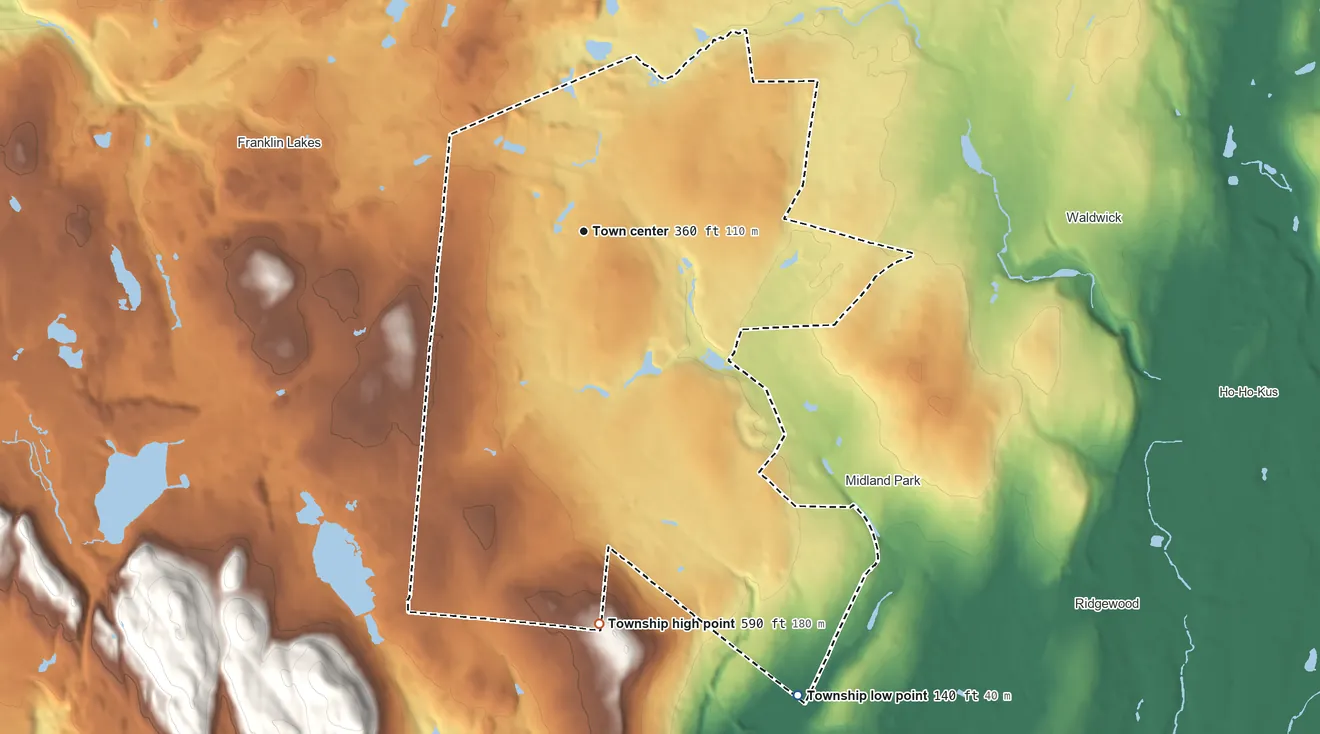 Topographic elevation map of Wyckoff Township, New Jersey, shaded from 140 ft on the southeast side to 590 ft on the south side