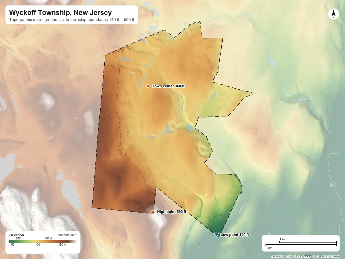 Topographic elevation map of Wyckoff Township, New Jersey, shaded from 140 ft on the southeast side to 590 ft on the south side