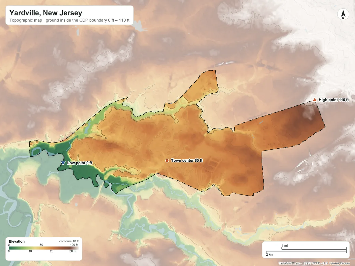 Topographic elevation map of Yardville, New Jersey, shaded from 0 ft on the west side to 110 ft on the east side