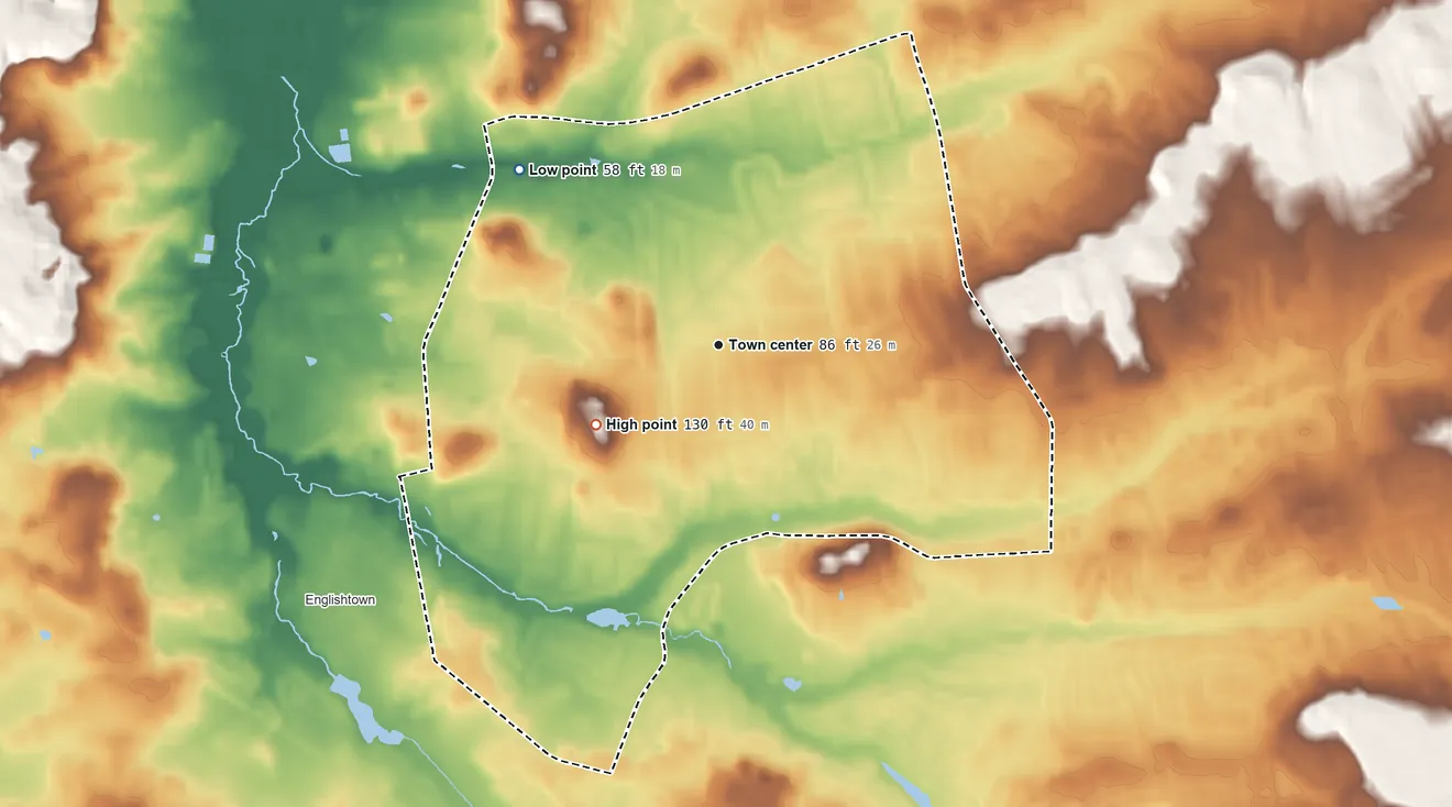 Topographic elevation map of Yorketown, New Jersey, shaded from 58 ft on the northwest side to 130 ft on the southwest side