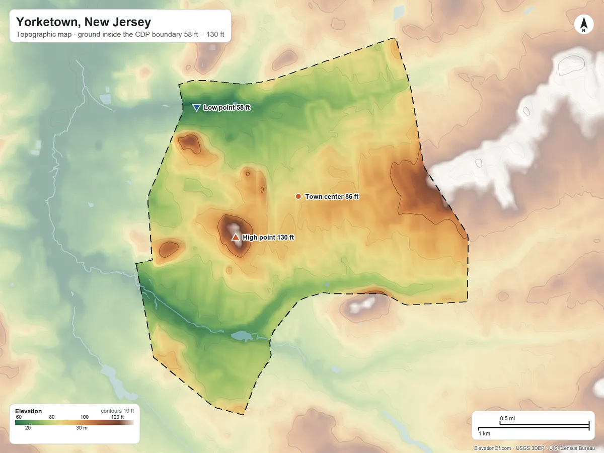 Topographic elevation map of Yorketown, New Jersey, shaded from 58 ft on the northwest side to 130 ft on the southwest side