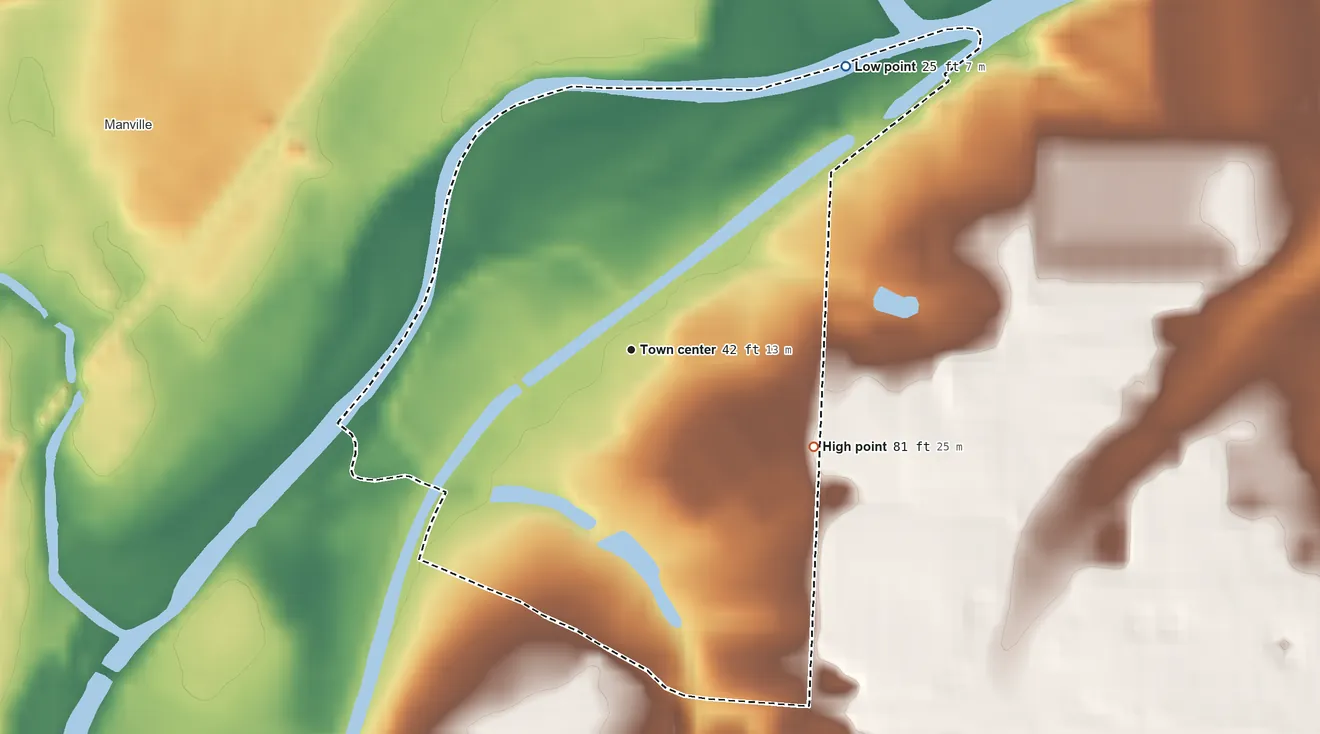 Topographic elevation map of Zarephath, New Jersey, shaded from 25 ft on the northeast side to 81 ft on the southeast side