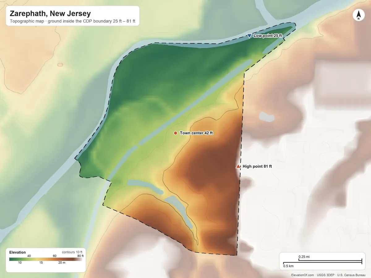 Topographic elevation map of Zarephath, New Jersey, shaded from 25 ft on the northeast side to 81 ft on the southeast side