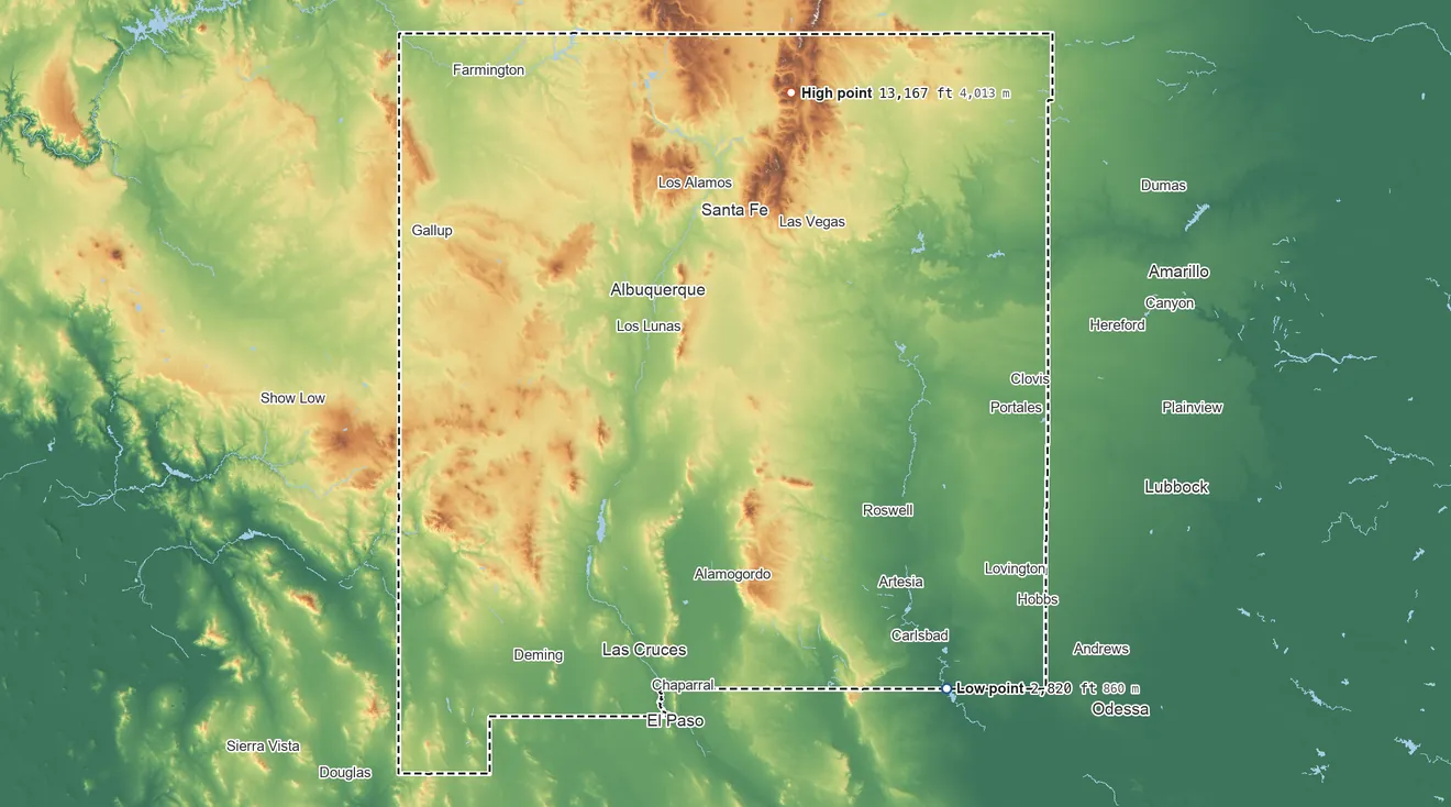 Topographic elevation map of New Mexico, shaded from 2,820 ft on the southeast side to 13,167 ft on Wheeler Peak
