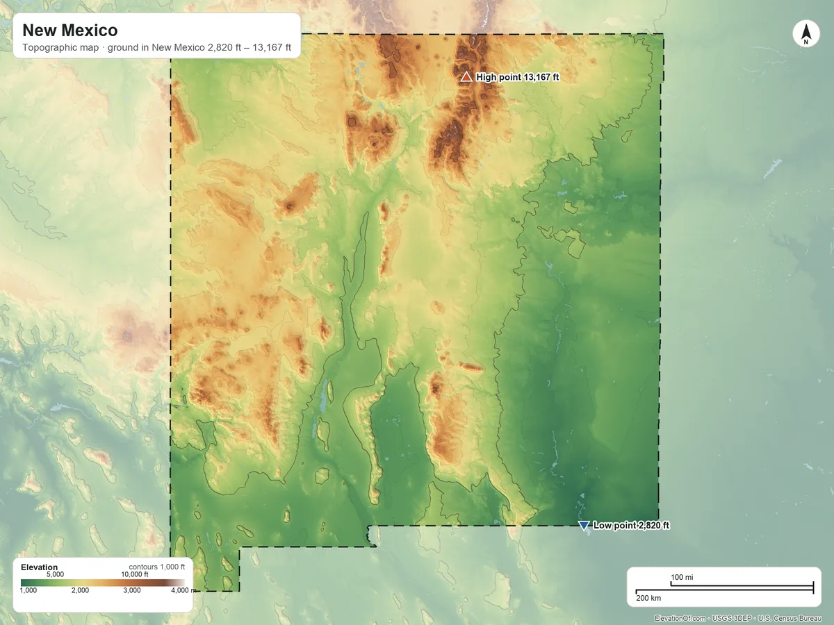 Topographic elevation map of New Mexico, shaded from 2,820 ft on the southeast side to 13,167 ft on Wheeler Peak