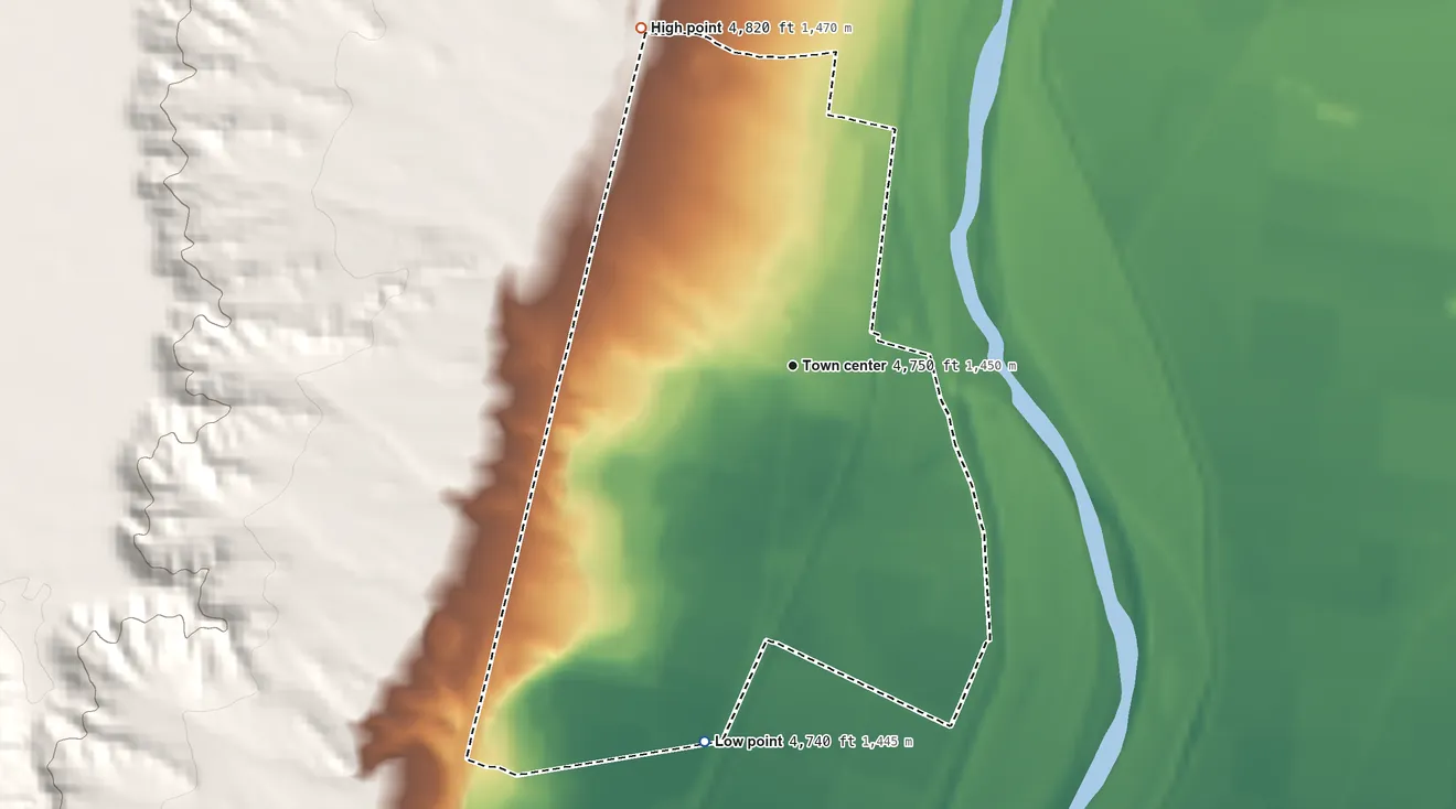 Topographic elevation map of Abeytas, New Mexico, shaded from 4,740 ft on the south side to 4,820 ft on the northwest side