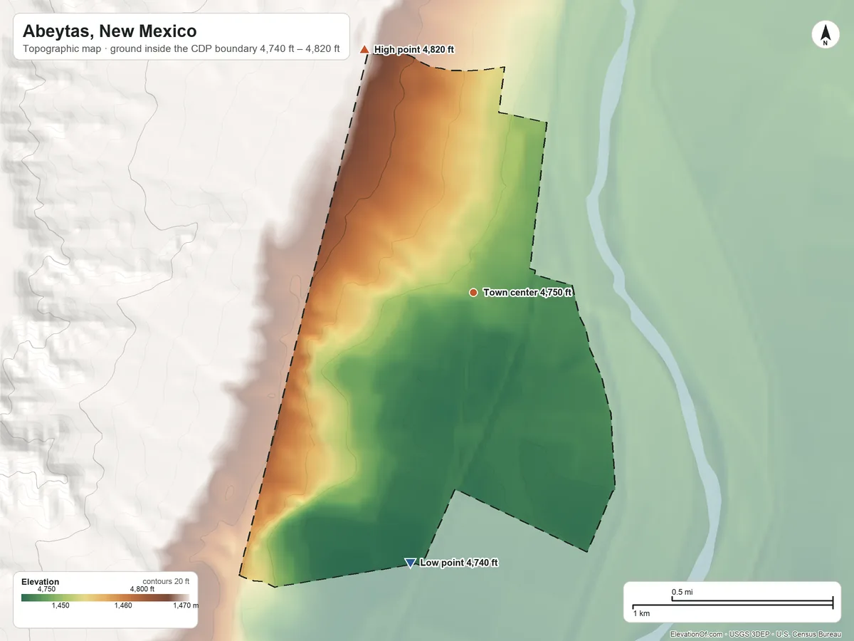 Topographic elevation map of Abeytas, New Mexico, shaded from 4,740 ft on the south side to 4,820 ft on the northwest side