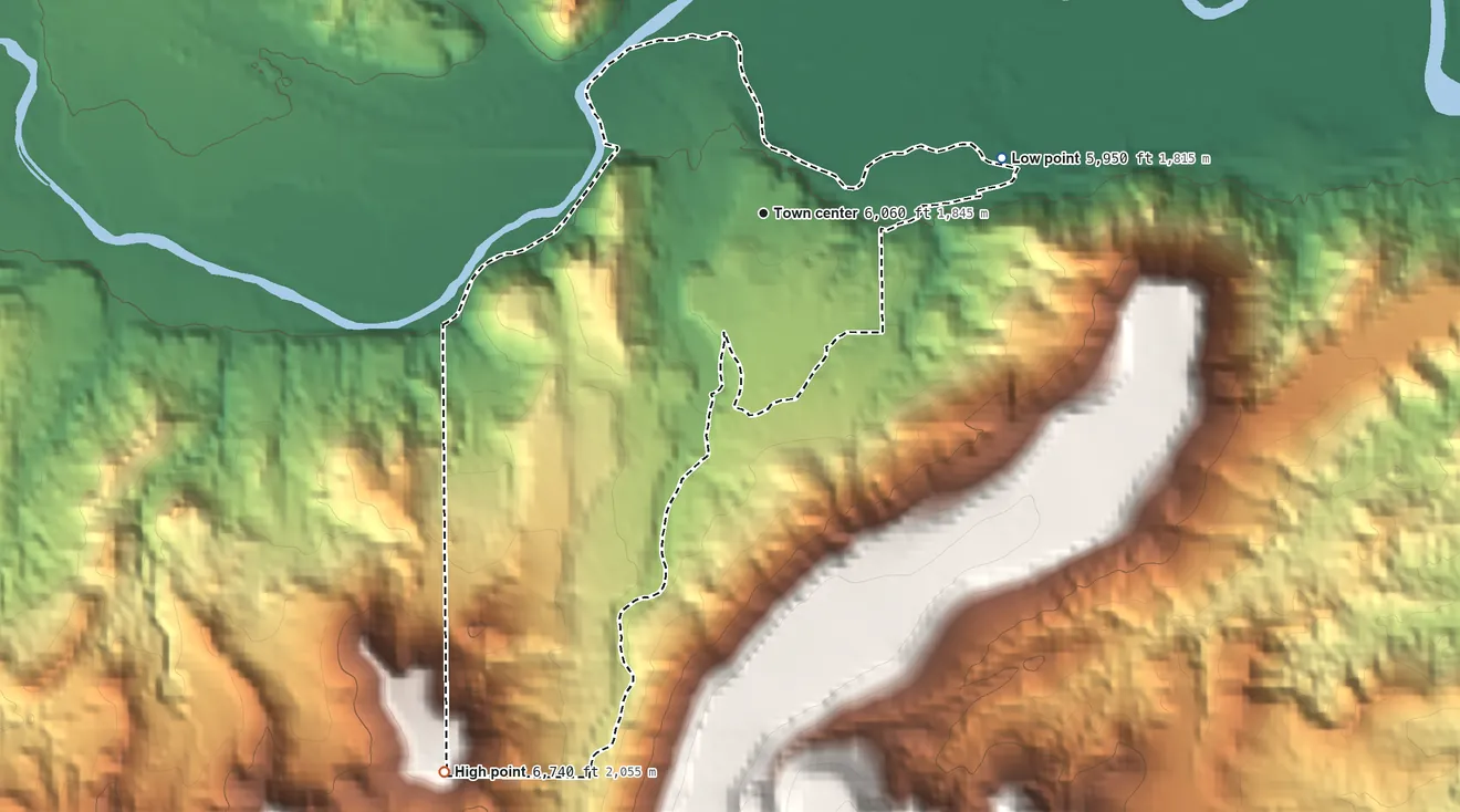 Topographic elevation map of Abiquiu, New Mexico, shaded from 5,950 ft on the east side to 6,740 ft on La Loma de Arena
