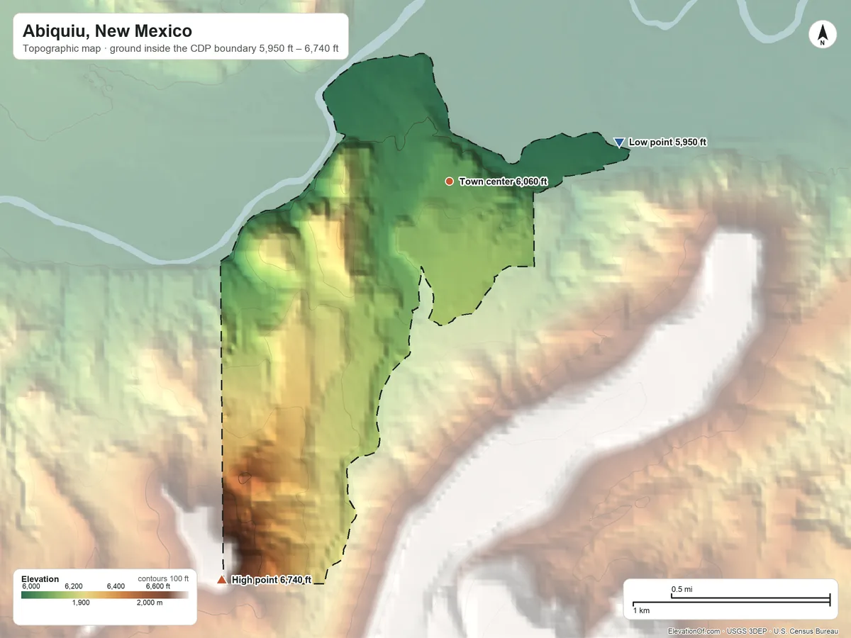 Topographic elevation map of Abiquiu, New Mexico, shaded from 5,950 ft on the east side to 6,740 ft on La Loma de Arena
