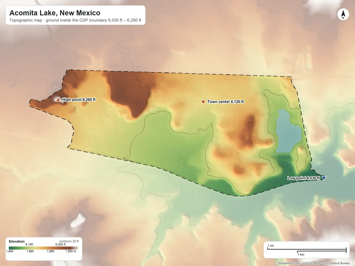 Topographic elevation map of Acomita Lake, New Mexico, shaded from 6,030 ft on the southeast side to 6,260 ft on the west side