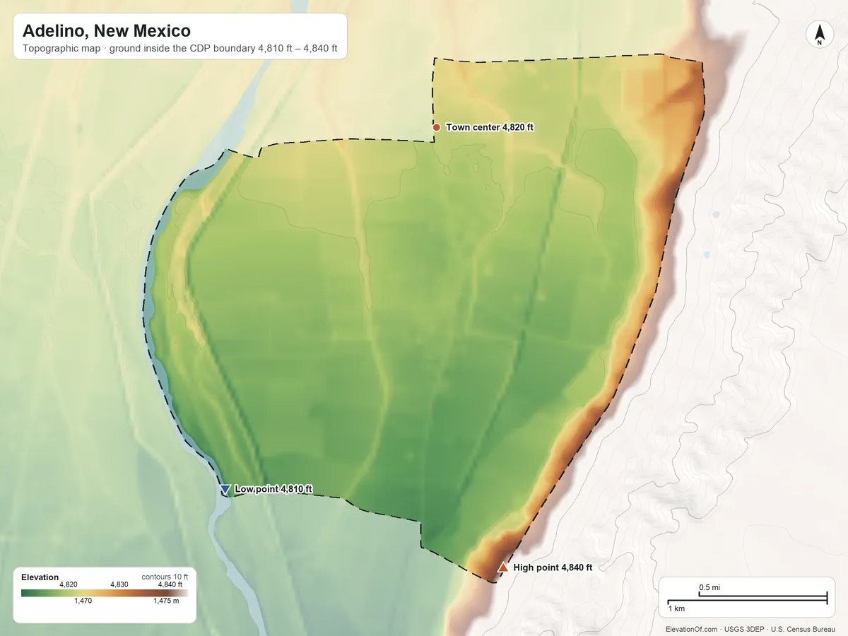 Topographic elevation map of Adelino, New Mexico, shaded from 4,810 ft on the southwest side to 4,840 ft on the south side