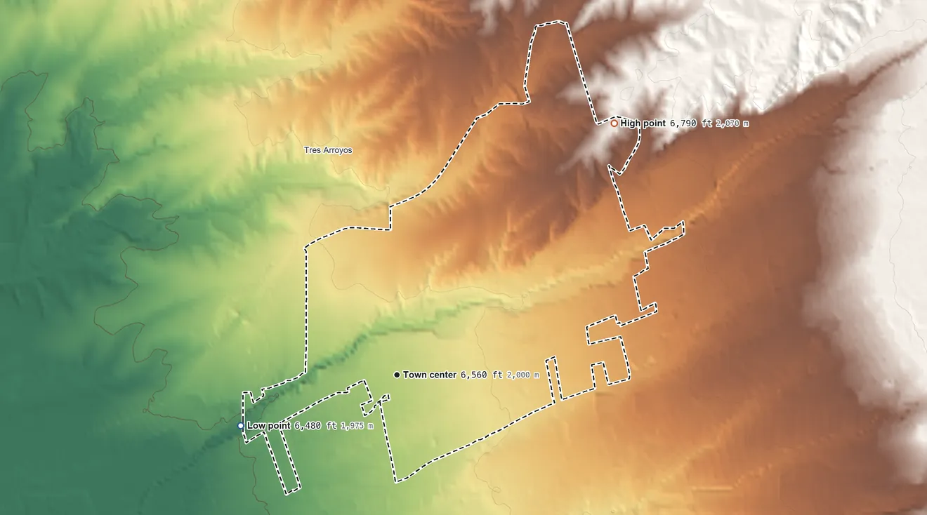 Topographic elevation map of Agua Fria, New Mexico, shaded from 6,480 ft on the west side to 6,790 ft on the northeast side