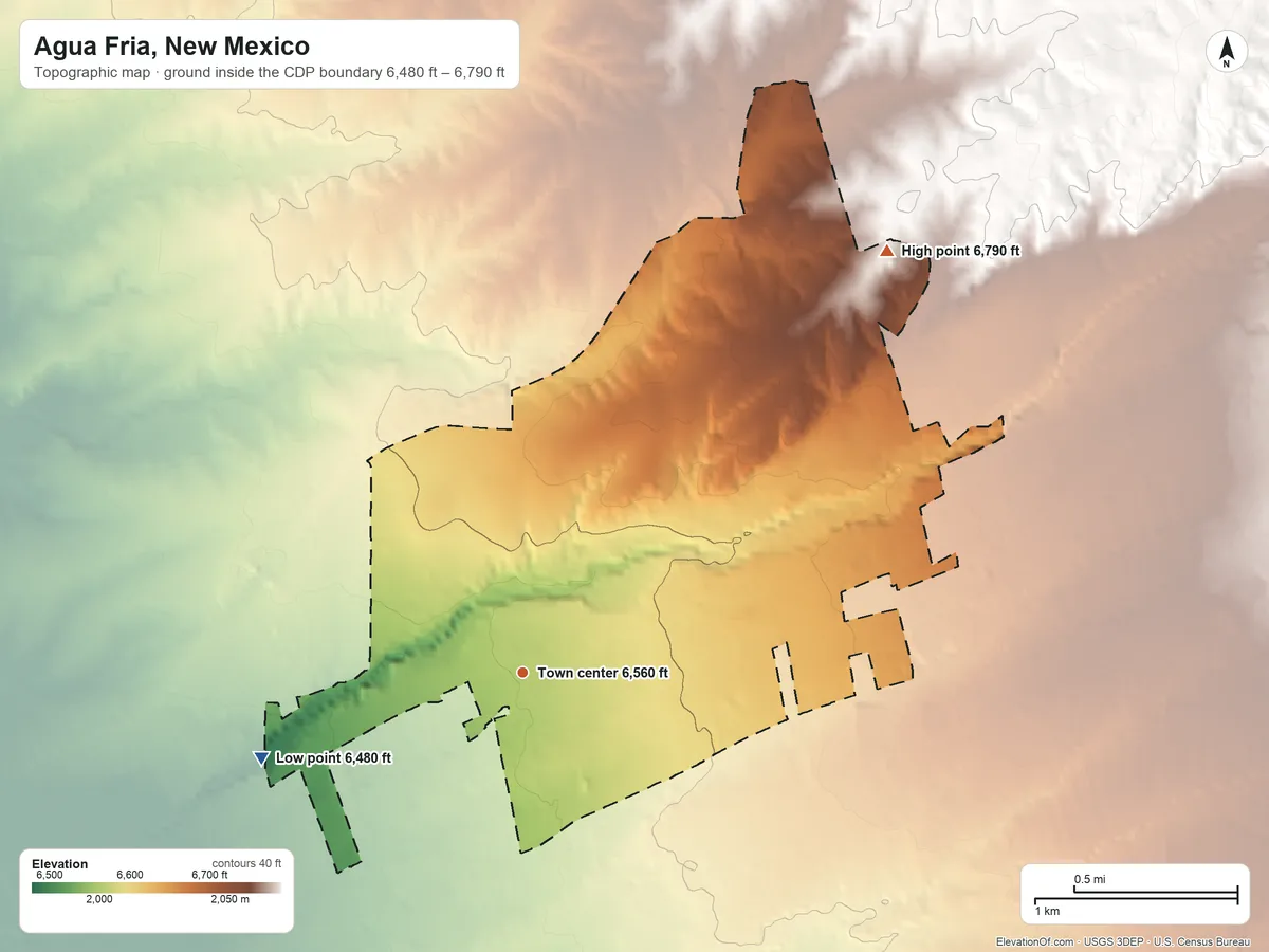 Topographic elevation map of Agua Fria, New Mexico, shaded from 6,480 ft on the west side to 6,790 ft on the northeast side