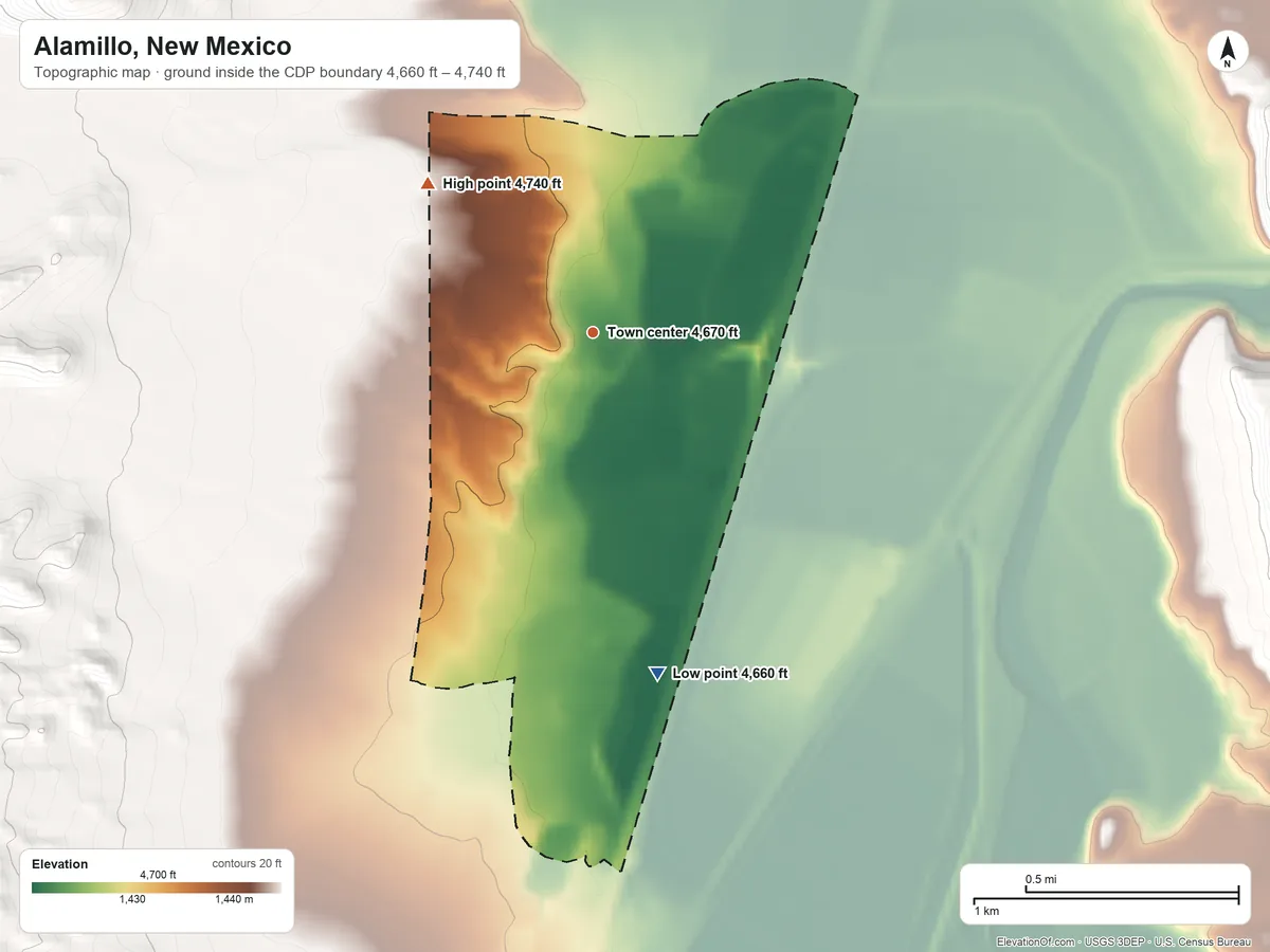 Topographic elevation map of Alamillo, New Mexico, shaded from 4,660 ft on the south side to 4,740 ft at the foot of the Cerritos de las Minas