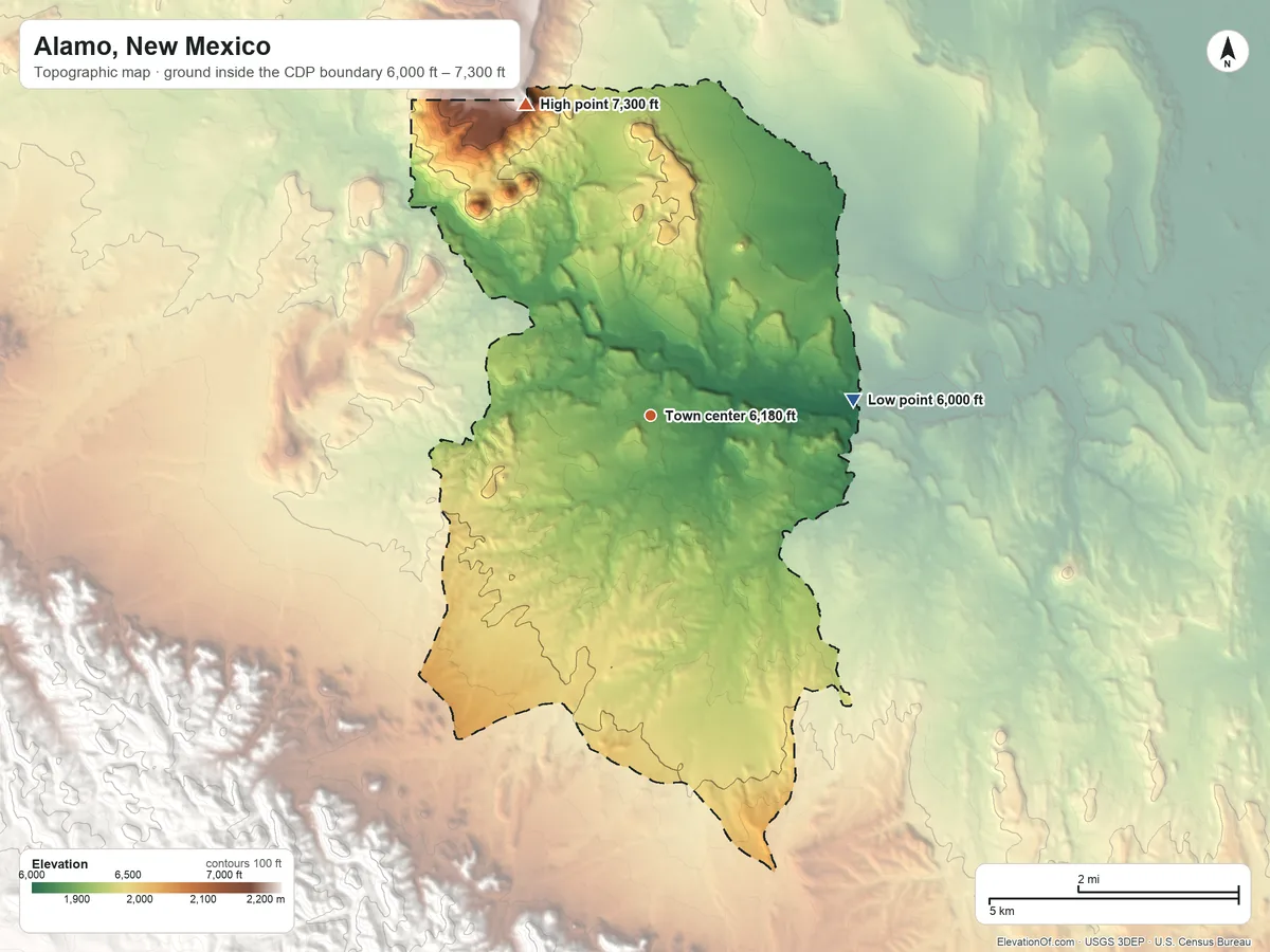 Topographic elevation map of Alamo, New Mexico, shaded from 6,000 ft on the east side to 7,300 ft on the north side