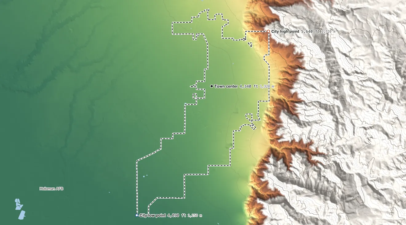 Topographic elevation map of Alamogordo, New Mexico, shaded from 4,090 ft on the southwest side to 5,640 ft at the foot of the Coyote Hills
