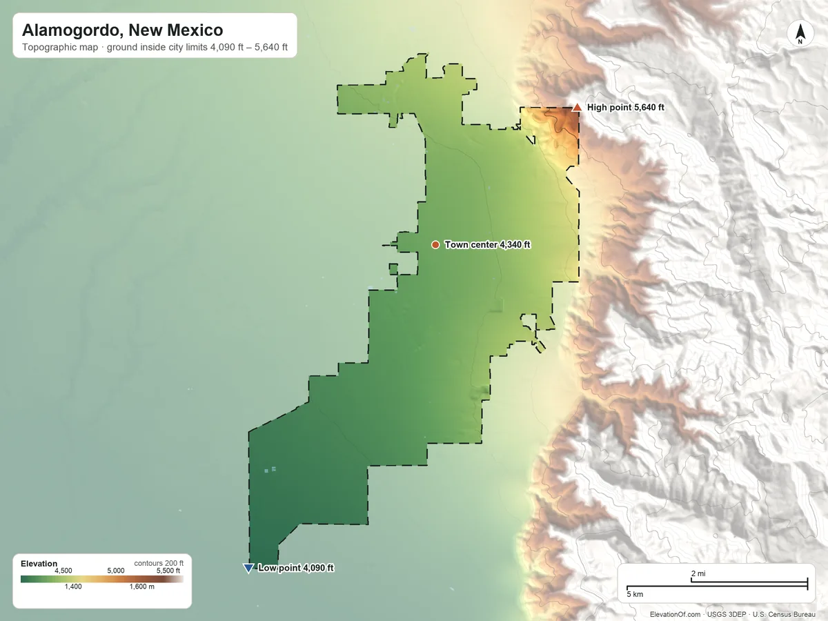 Topographic elevation map of Alamogordo, New Mexico, shaded from 4,090 ft on the southwest side to 5,640 ft at the foot of the Coyote Hills