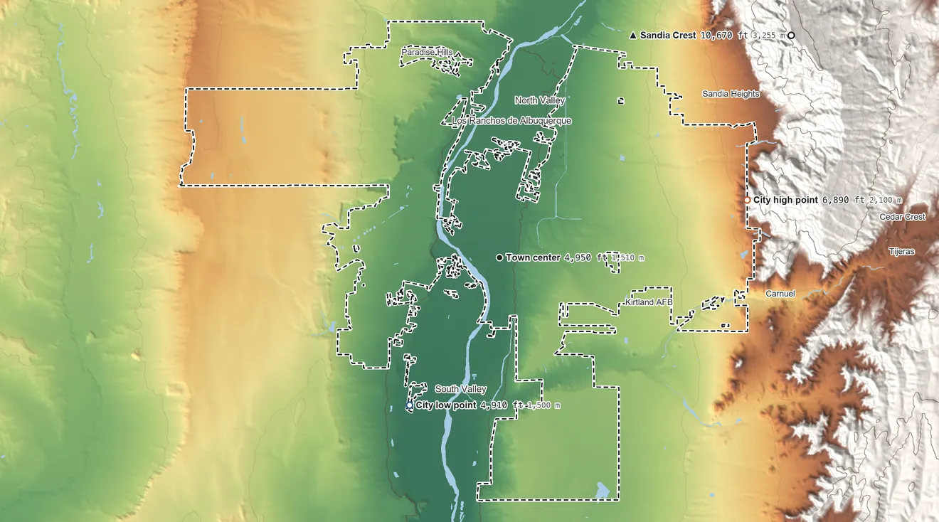 Topographic elevation map of Albuquerque, New Mexico, shaded from 4,910 ft on the southwest side to 6,890 ft at the foot of the Sandia Mountains