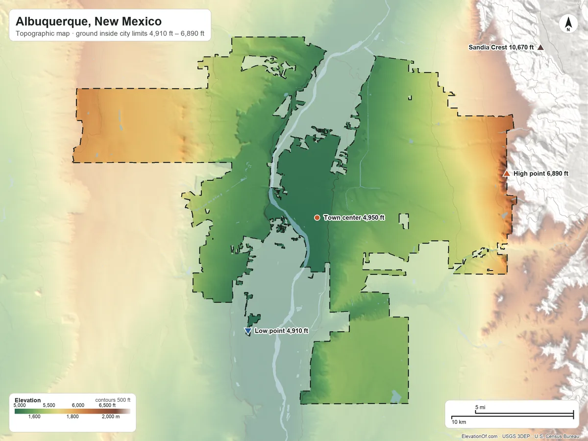 Topographic elevation map of Albuquerque, New Mexico, shaded from 4,910 ft on the southwest side to 6,890 ft at the foot of the Sandia Mountains