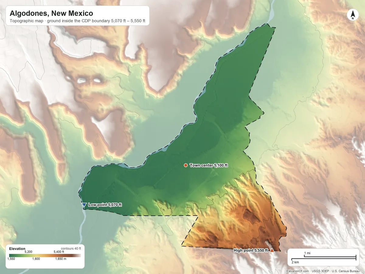 Topographic elevation map of Algodones, New Mexico, shaded from 5,070 ft on the west side to 5,550 ft at the foot of the Sandia Mountains