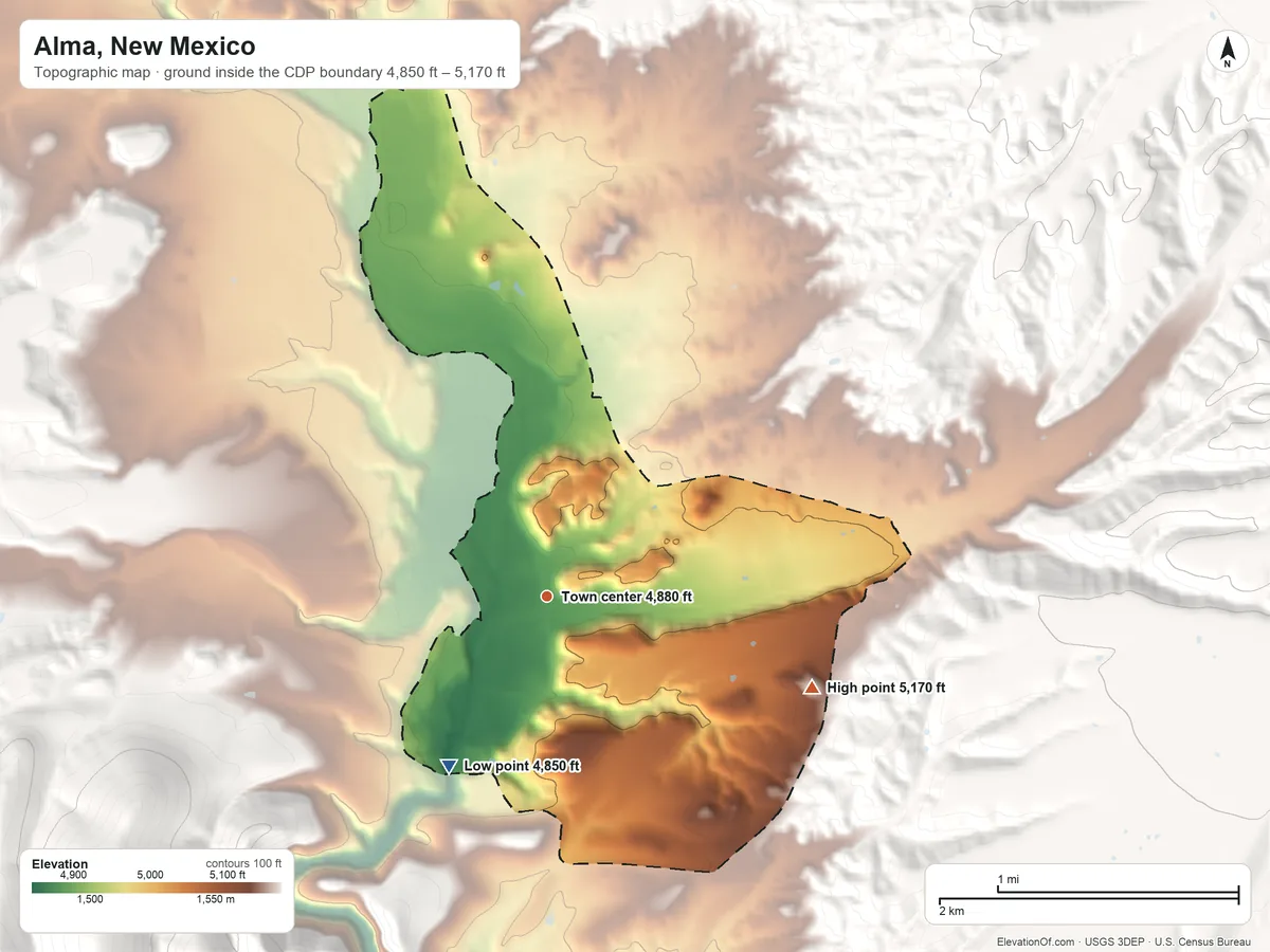 Topographic elevation map of Alma, New Mexico, shaded from 4,850 ft on the southwest side to 5,170 ft at the foot of the Sierra Aguilada