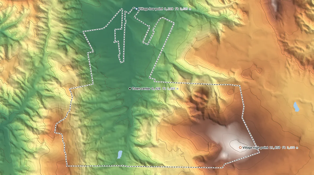 Topographic elevation map of Angel Fire, New Mexico, shaded from 8,310 ft on the north side to 11,050 ft on Agua Fria Peak