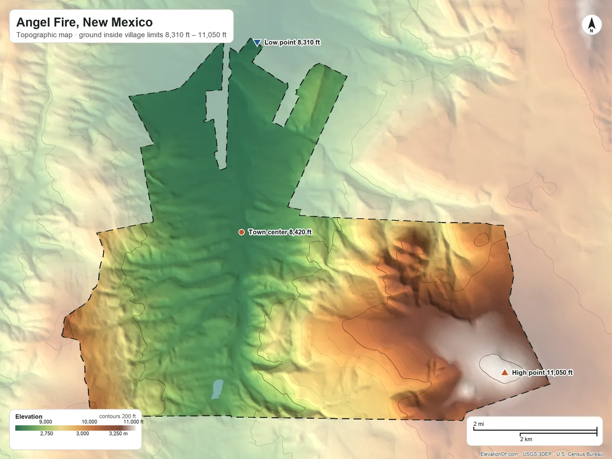 Topographic elevation map of Angel Fire, New Mexico, shaded from 8,310 ft on the north side to 11,050 ft on Agua Fria Peak