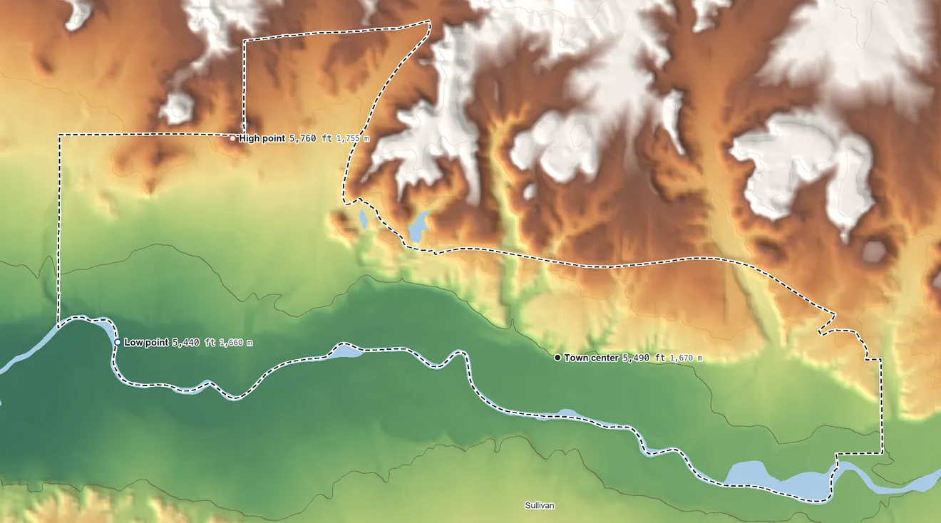 Topographic elevation map of Angustura, New Mexico, shaded from 5,440 ft on the west side to 5,760 ft on the northwest side