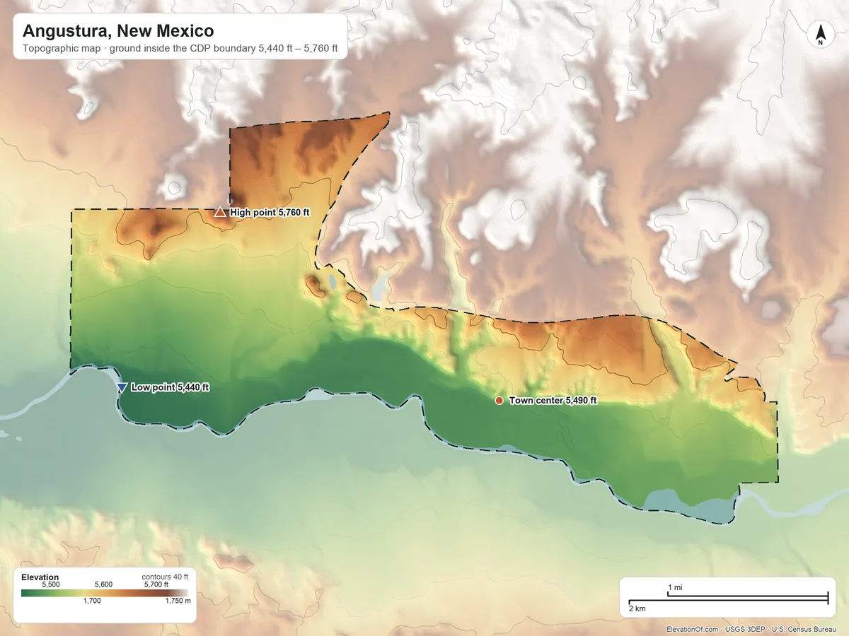 Topographic elevation map of Angustura, New Mexico, shaded from 5,440 ft on the west side to 5,760 ft on the northwest side