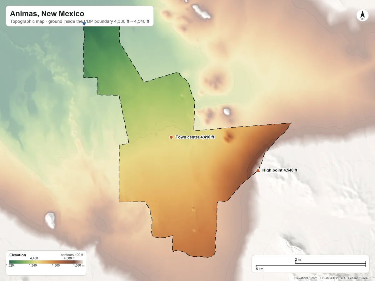 Topographic elevation map of Animas, New Mexico, shaded from 4,330 ft on the northwest side to 4,540 ft on the east side