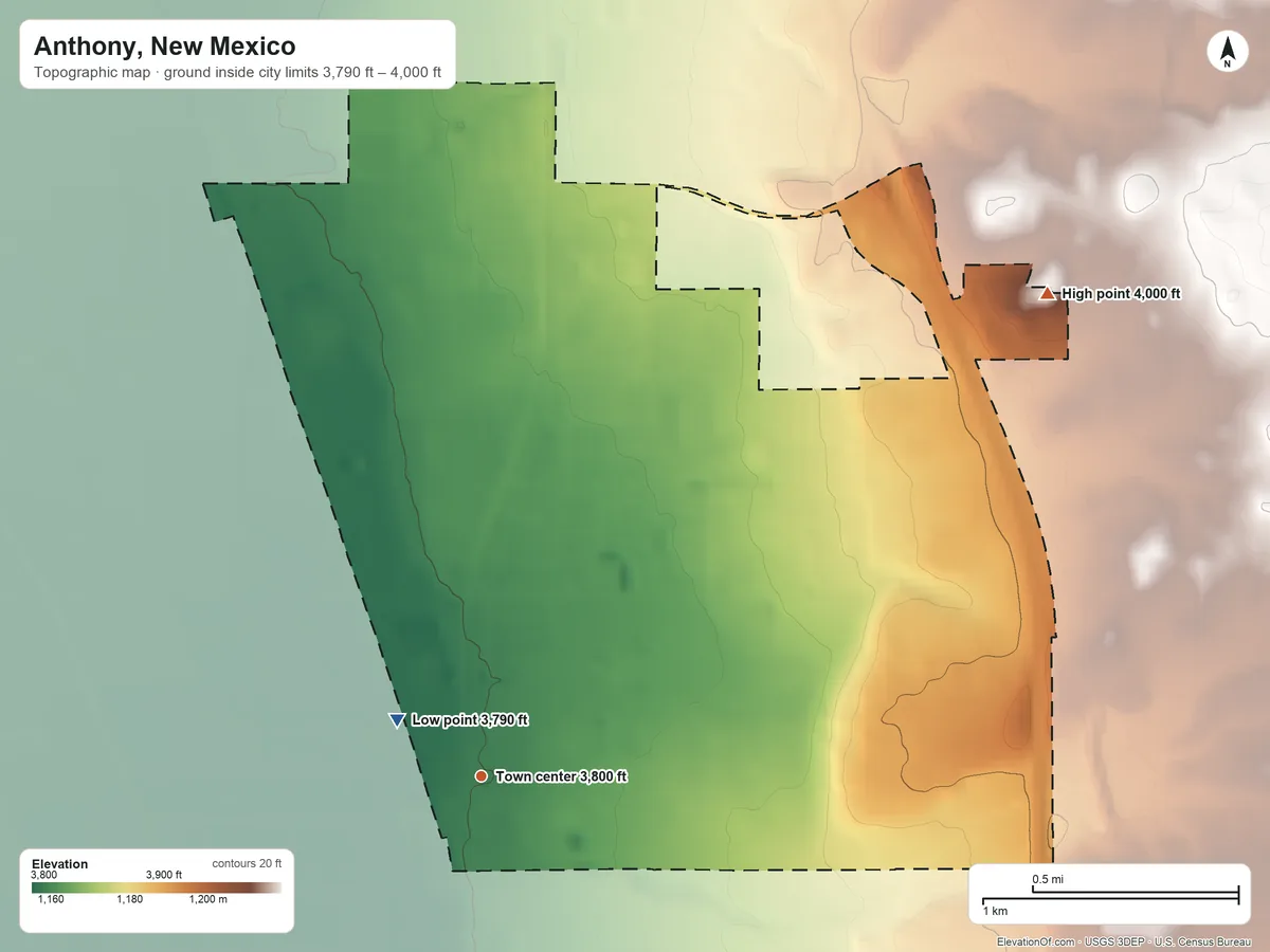 Topographic elevation map of Anthony, New Mexico, shaded from 3,790 ft near the middle to 4,000 ft on the northeast side